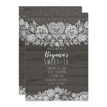 rustic wood & white lace sweet 16 birthday invitation