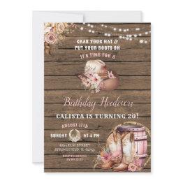 Small Rustic Woods Cowgirl Birthday Hoedown Invitation Front View
