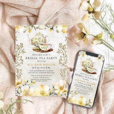rustic yellow floral tea party bridal shower invitation
