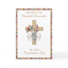 Small Sacrament Confirmation Virgin Mary Floral Holiday Invitations Front View