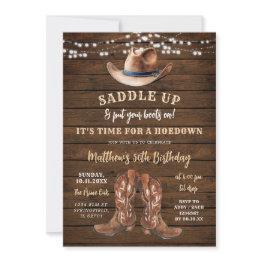 Small Saddle Up Cowboy Boots Rustic Birthday Hoedown Invitation Front View
