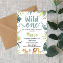 Small Safari Animal Wild One Jungle 1st Birthday Party Invitation Front View