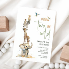 Small Safari Animals "born Two Be Wild" Kids Birthday Invitation Front View