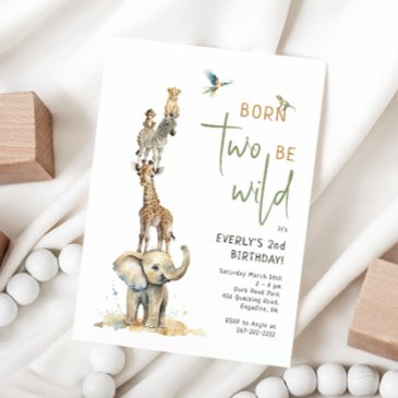 safari animals "born two be wild" kids birthday invitation