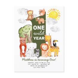 Small Safari Forest Animals One Wild Year Kids Birthday Postinvitations Front View