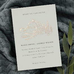 Small Saga Green Rose Gold Mountain Pine Sketch Wedding Foil Invitation Front View