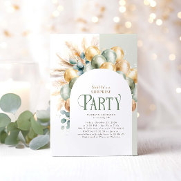 Small Sage And Gold Boho Arch Surprise Birthday Party Invitation Front View