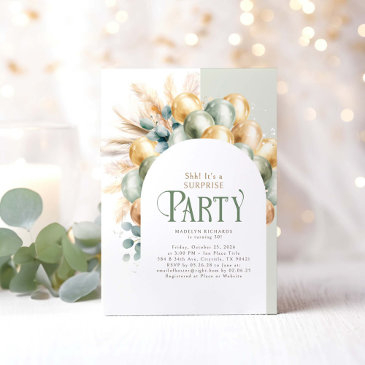 sage and gold boho arch surprise birthday party invitation