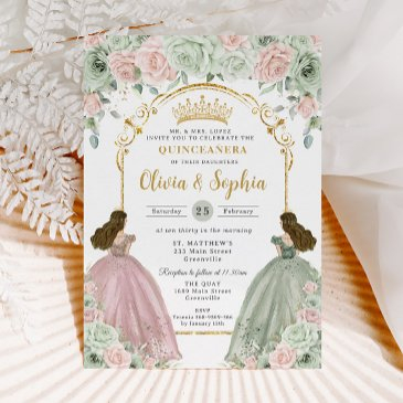 sage green blush floral twins gold quinceañera invitation