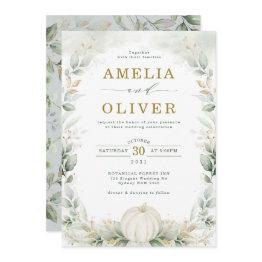 Small Sage Green Botanical Pumpkin Eucalyptus Wedding Invitation Front View