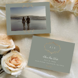 Small Sage Green Classic Photo Gold Monogram Wedding Save The Date Front View