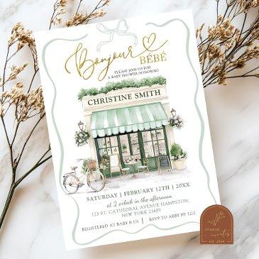 sage green coquette bow parisian cafe baby shower invitation