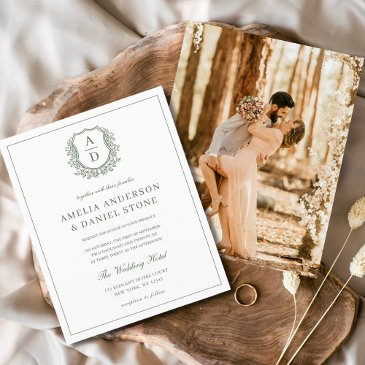 sage green elegant leafy crest monogram wedding flyer