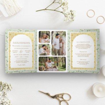 sage green floral all in one gold indian wedding tri-fold invitation