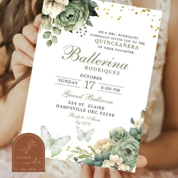 sage green floral butterfly quinceanera invitation