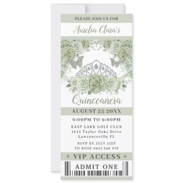 sage green floral crown quinceañera vip ticket invitation