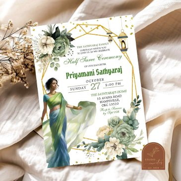 sage green floral half saree india ceremony invitation