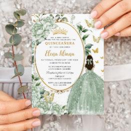 Small Sage Green Floral Princess Dress Gold Quinceañera Invitation Front View