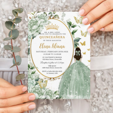 sage green floral princess dress gold quinceañera invitation