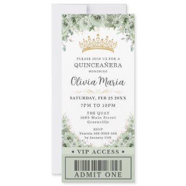 sage green floral rose gold quinceañera vip ticket invitation