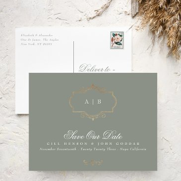 sage green gold crest monogram foil save the date announcement postinvitations