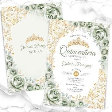 sage green gold floral quinceanera invitation