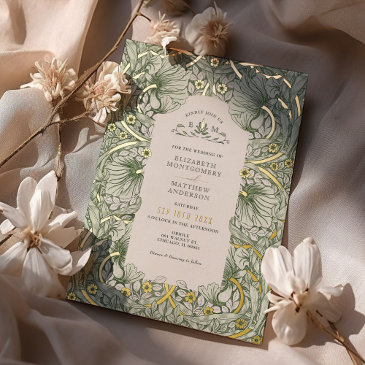 sage green gold vintage pimpernel william morris foil invitation