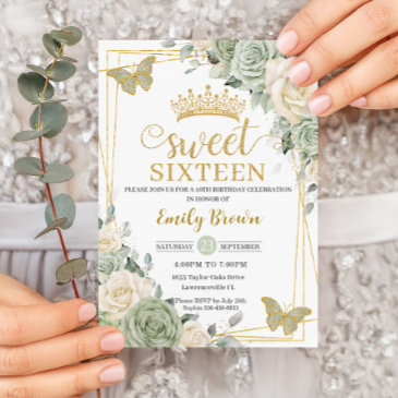 sage green ivory floral butterflies gold sweet 16 invitation