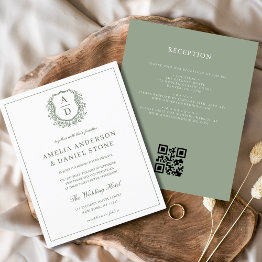 Small Sage Green Leafy Crest Monogram Wedding Qr Code Flyer Front View