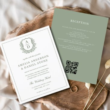 sage green leafy crest monogram wedding qr code flyer