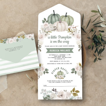 sage green little pumpkin white floral baby shower all in one invitation