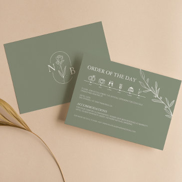 sage green minimalist boho wedding timeline enclosure invitations