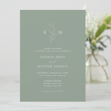 sage green minimalist monogram olive leaf wedding invitation