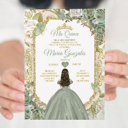 Small Sage Green Mis Quince 15 Anos Gold Crown Butterfly Invitation Front View