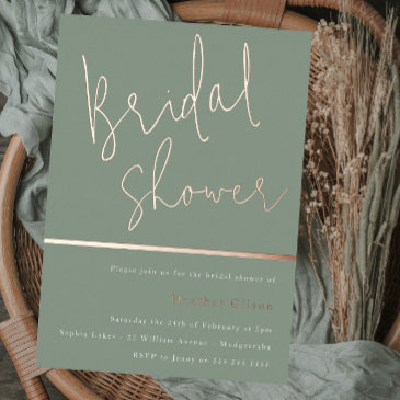 sage green modern elegant bridal shower rose gold foil invitation