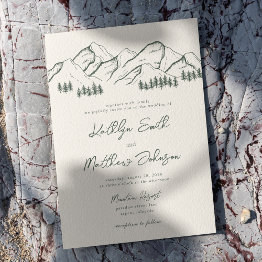 Small Sage Green Mountain Pine Tree Minimalist Wedding Invitation Front View