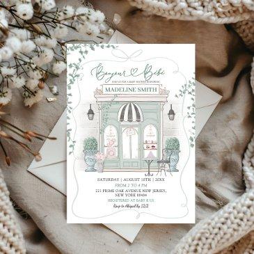 sage green parisian cafe bounjour bebe baby shower invitation