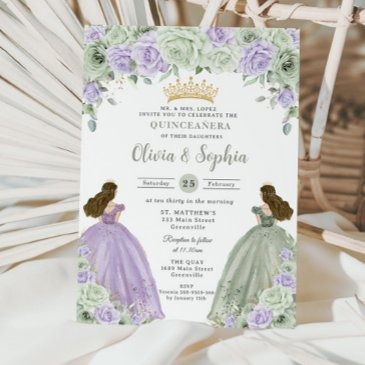sage green purple floral twin girls quinceañera invitation