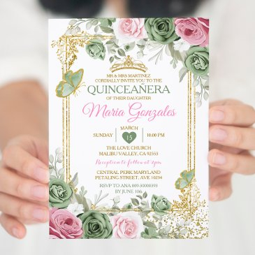sage green quinceañera pink gold crown butterfly invitation