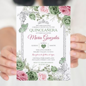 sage green quinceañera pink silver crown butterfly invitation