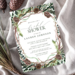 Small Sage Green Rustic Greenery Pinecone Bridal Shower Invitation Front View