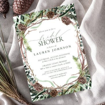 sage green rustic greenery pinecone bridal shower invitation