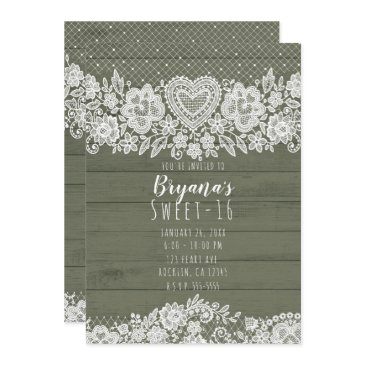 sage green rustic wood & lace sweet 16 birthday invitation