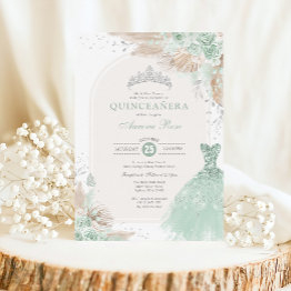 Small Sage Green Silver Quinceañera Boho 15th Birthday Invitation Front View
