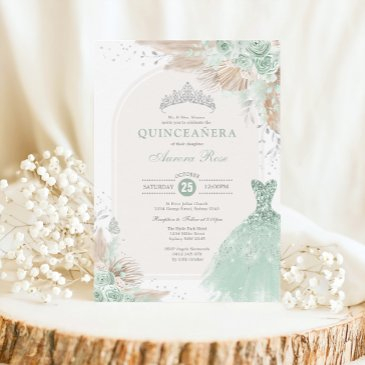 sage green silver quinceañera boho 15th birthday invitation