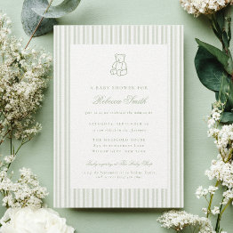 Small Sage Green Teddy Bear Preppy Elegant Baby Shower Invitation Front View