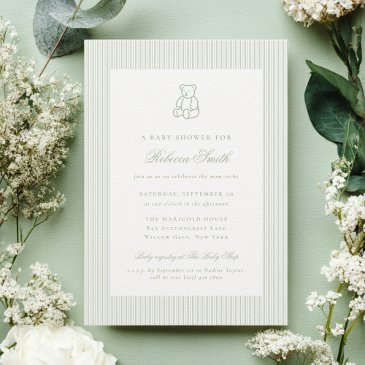 sage green teddy bear preppy elegant baby shower invitation
