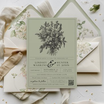 sage green vintage floral romantic garden wedding invitation