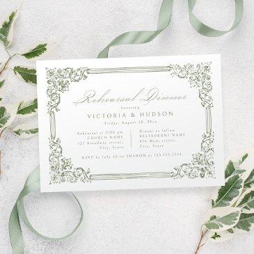 sage green vintage frame elegant rehearsal dinner invitation