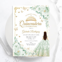 Small Sage Green Watercolor Roses Gold Quinceanera Invitation Front View